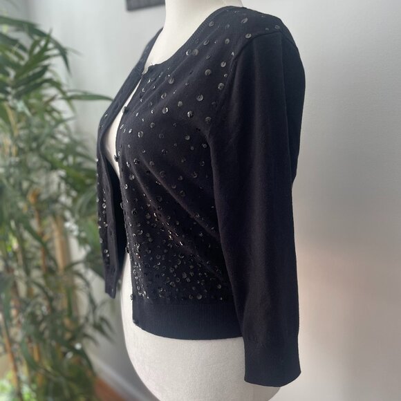 Women's Apt. 9 Black Cardigan Sweater Size L (fits like M) Sequins 3/4 Sleeves - Picture 2 of 9